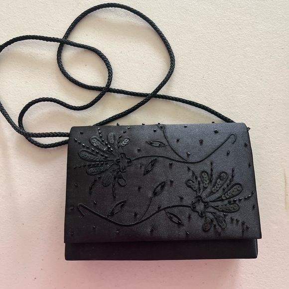 La Regale Handbags - La Regale black beaded satin evening glam clutch/shoulder